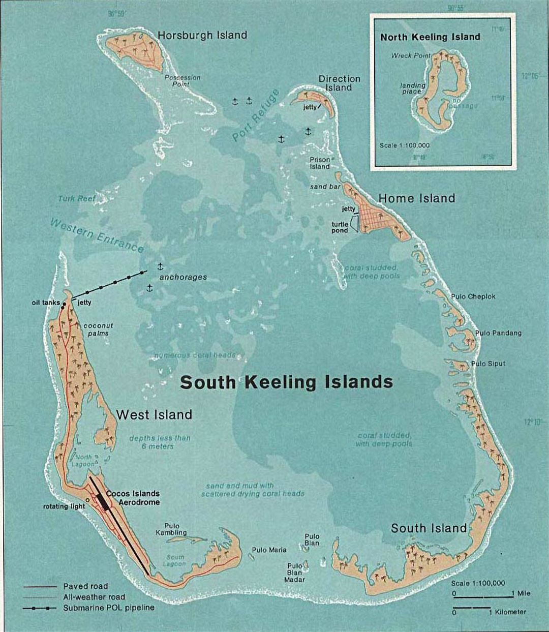 Large detailed map of Cocos (Keeling) Islands with cities and airport - 1976