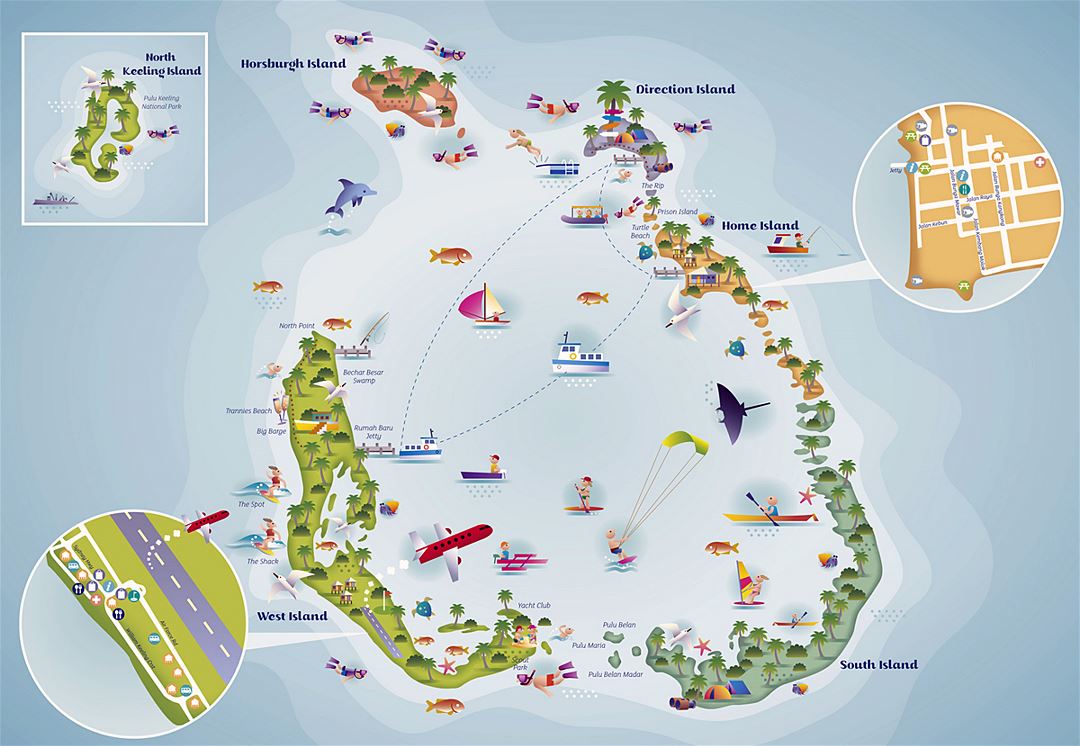 Large detailed tourist illustrated map of Cocos (Keeling) Islands