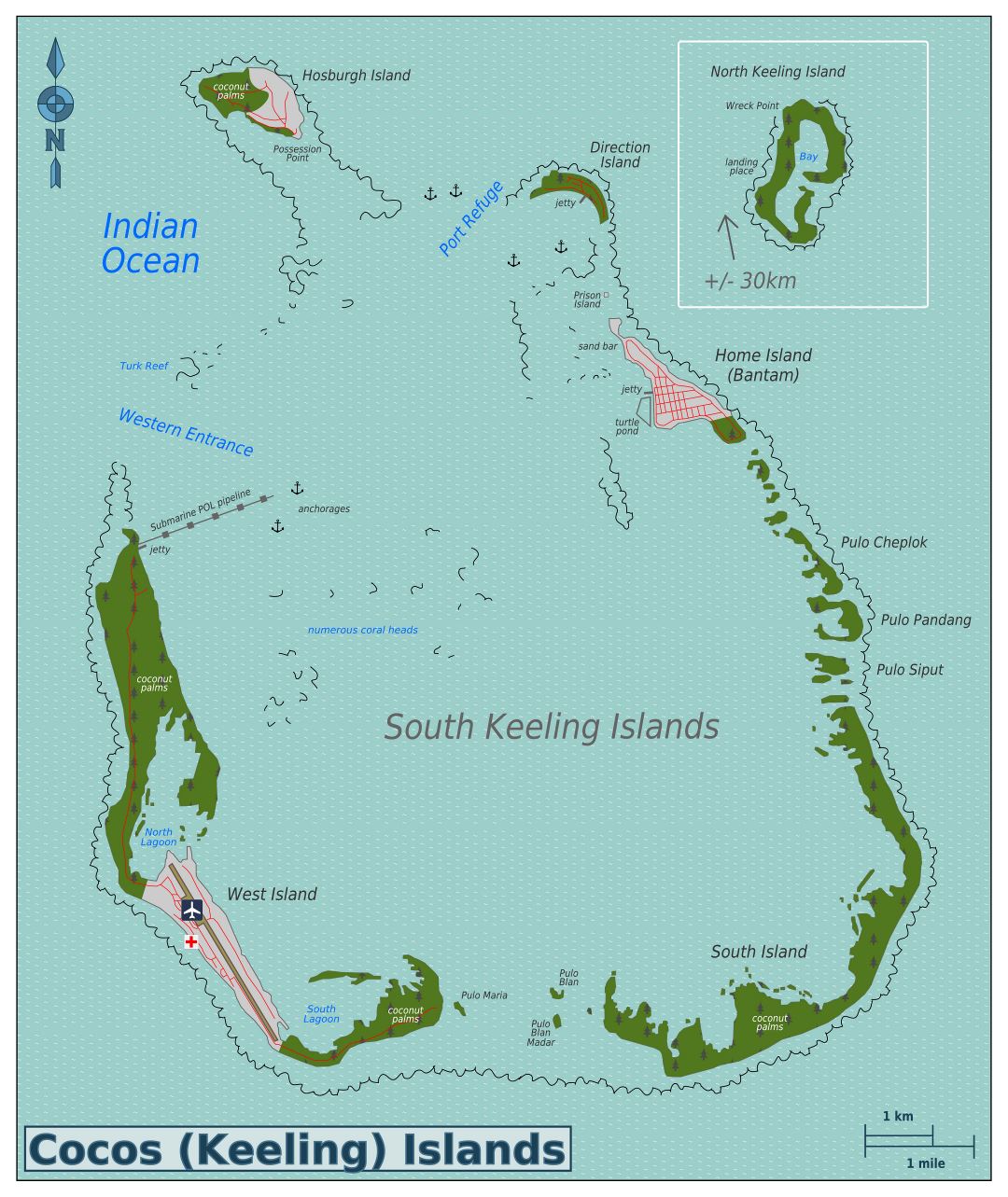 Large scale map of Cocos Islands with cities and airport