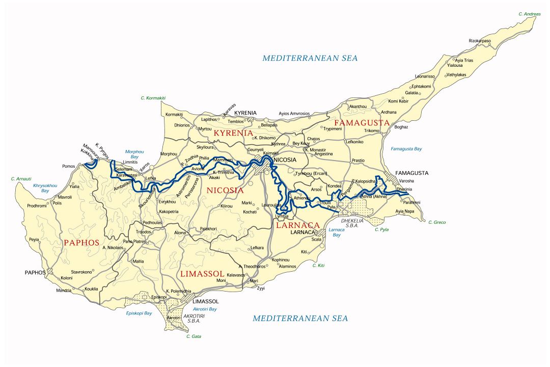 Detailed administrative map of Cyprus with roads and cities