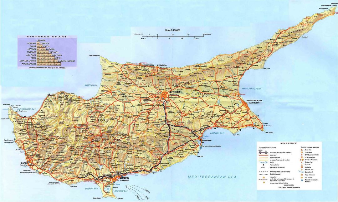 Large detailed road map of Cyprus with relief and cities