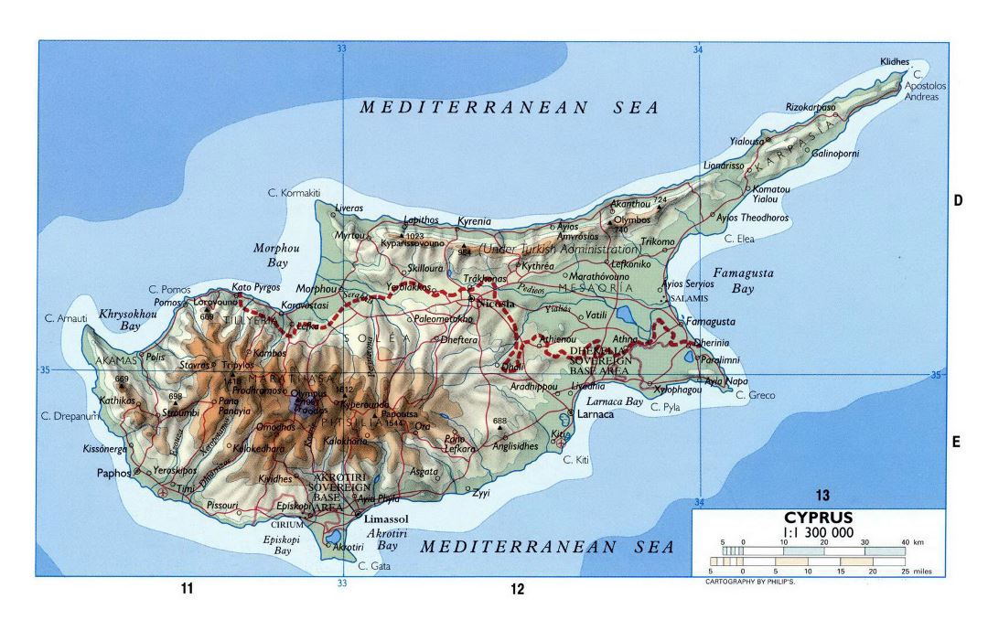 Large elevation map of Cyprus with roads and cities