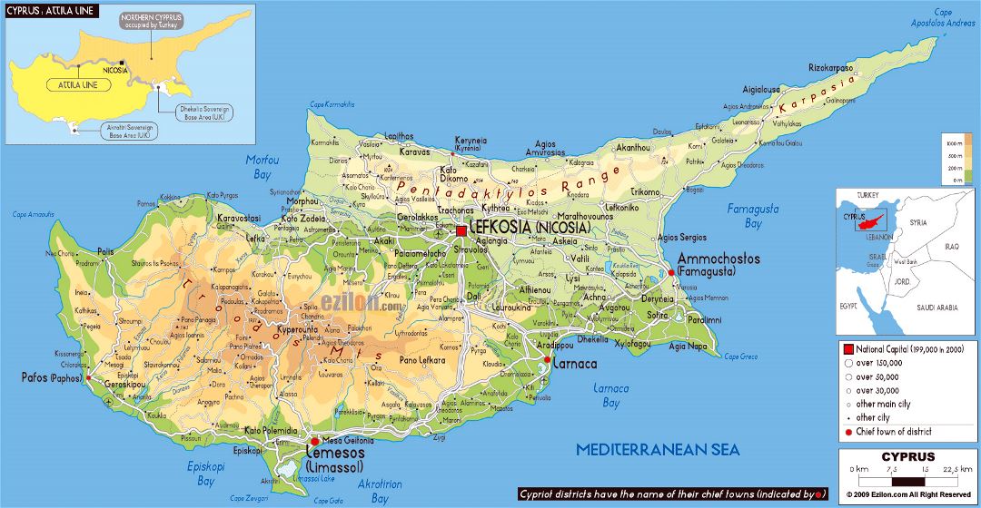 Large physical map of Cyprus with roads, cities and airports