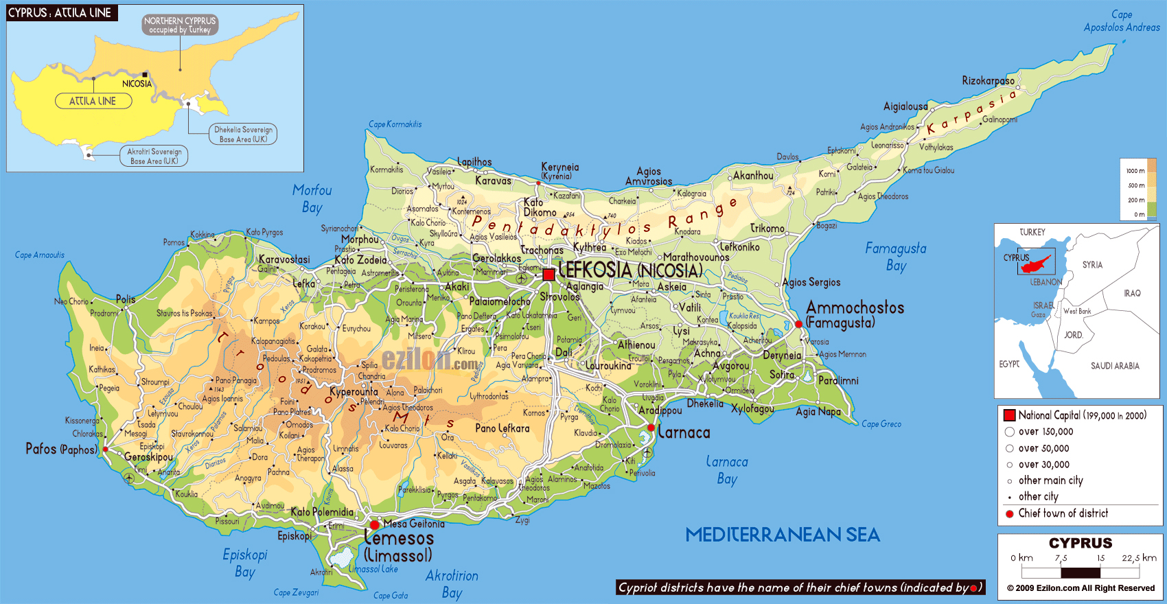 Large Physical Map Of Cyprus With Roads Cities And Airports Cyprus 