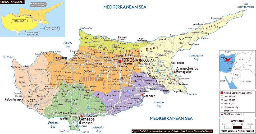 Large political and administrative map of Cyprus with roads, cities and airports