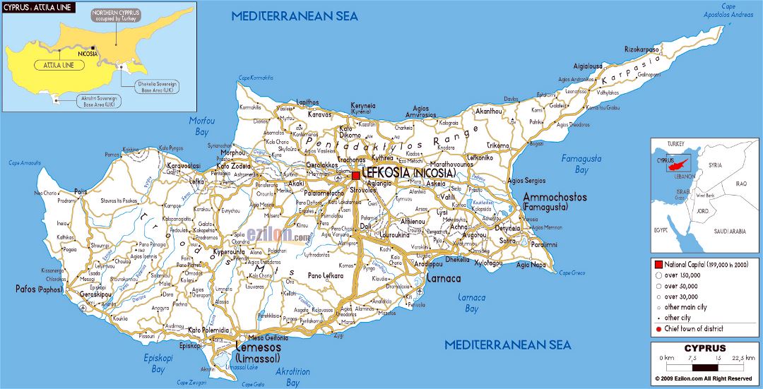 Large road map of Cyprus with cities and airports