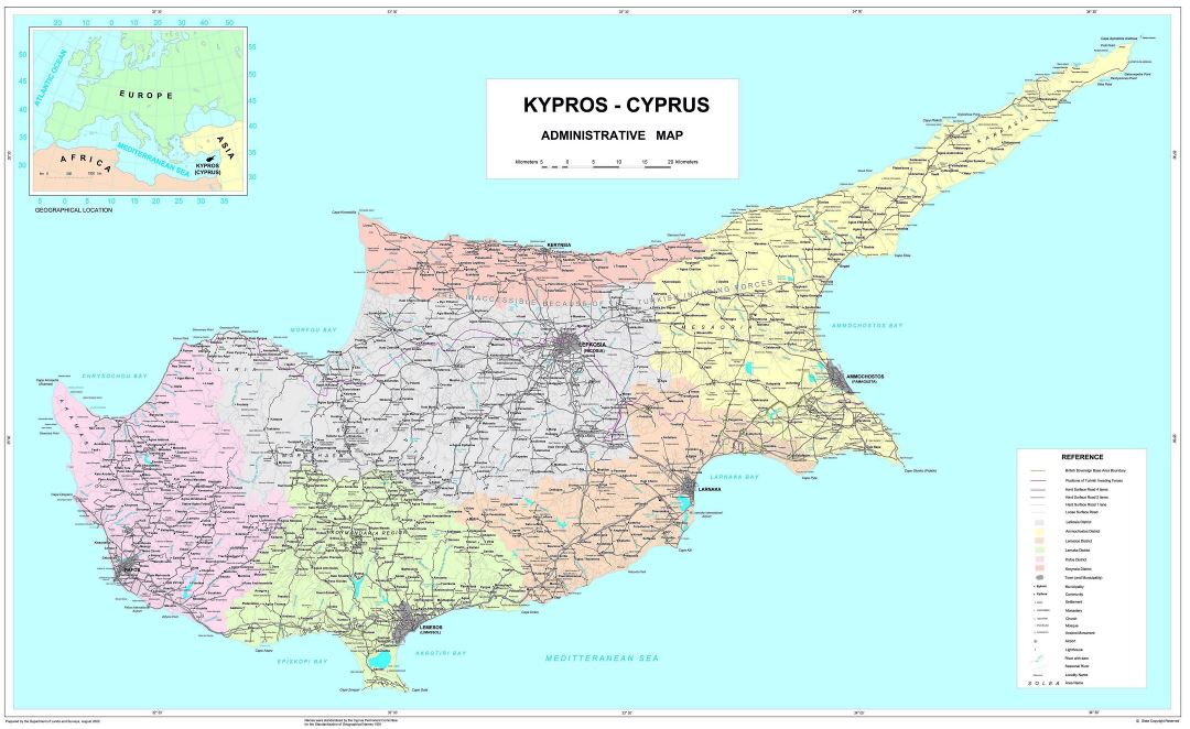 Large scale administrative divisions map of Cyprus with roads and cities