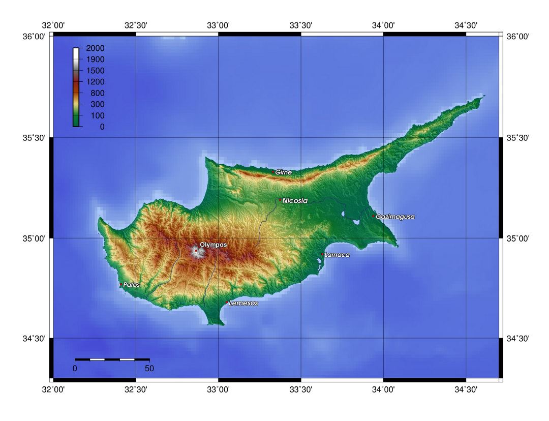 Large topographical map of Cyprus