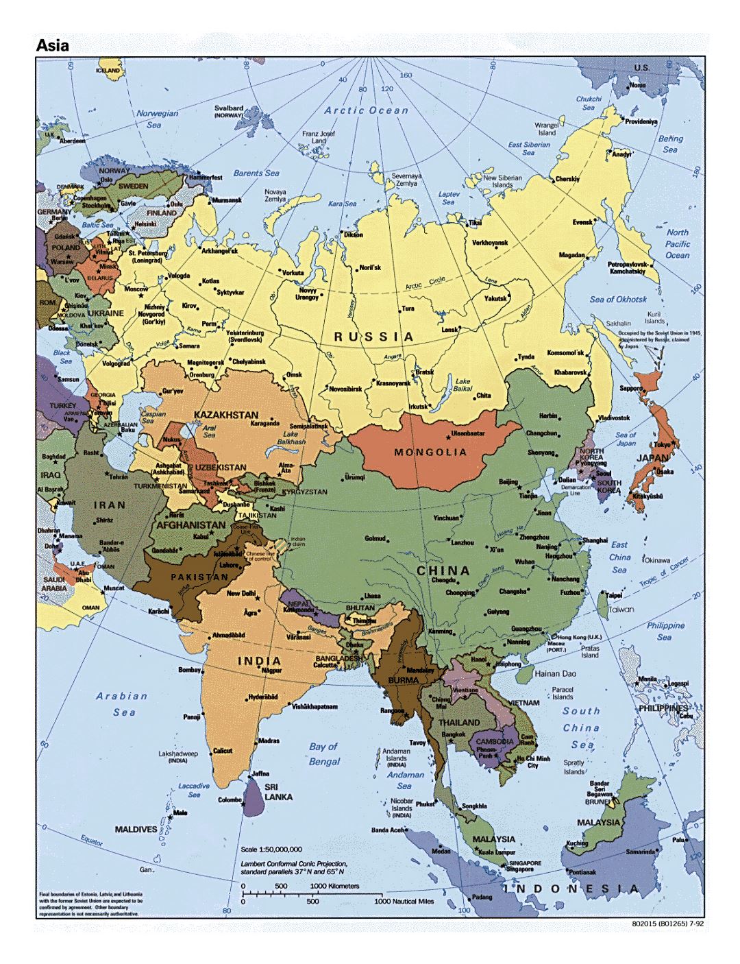 Detailed political map of Asia - 1992