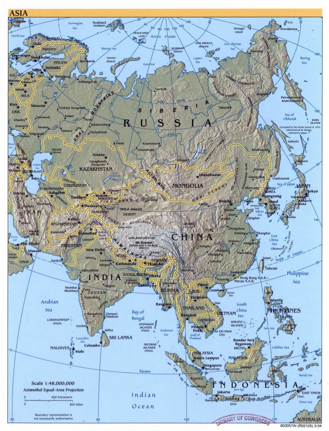 Detailed political map of Asia with relief - 2004