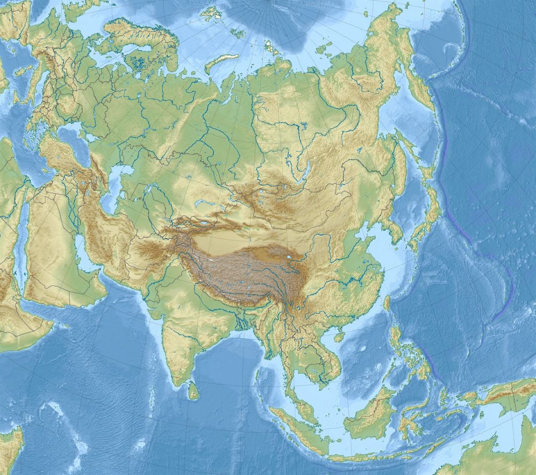 Detailed relief map of Asia