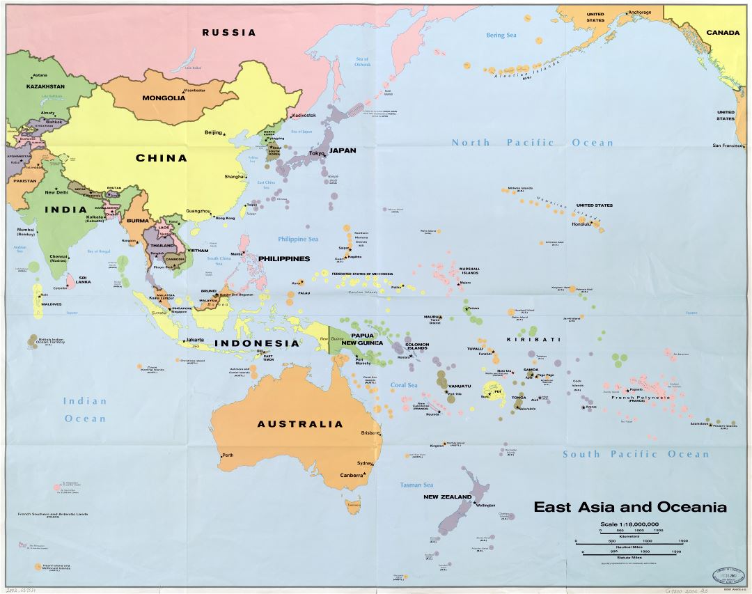 Large scale detailed political map of East Asia and Oceania - 2002
