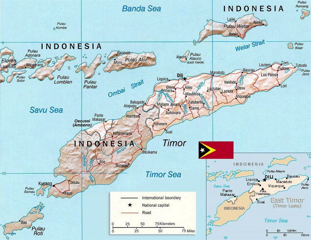 Detailed political map of East Timor with relief, roads, major cities and flag