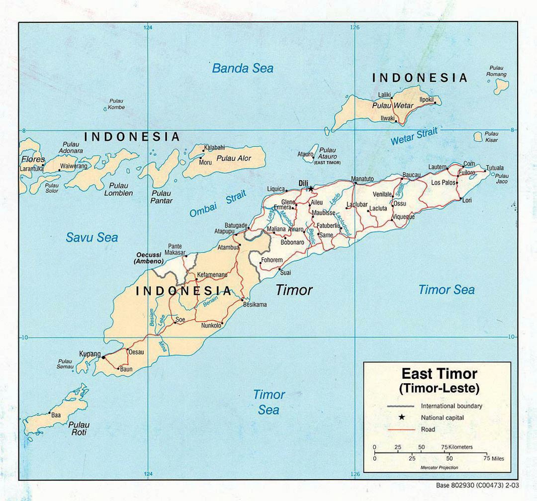 Detailed political map of East Timor with roads and major cities - 2003
