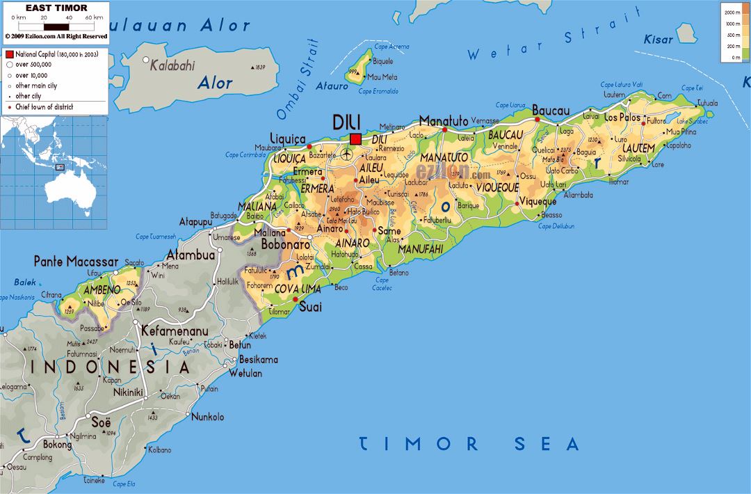 Large physical map of East Timor with roads, cities and airports