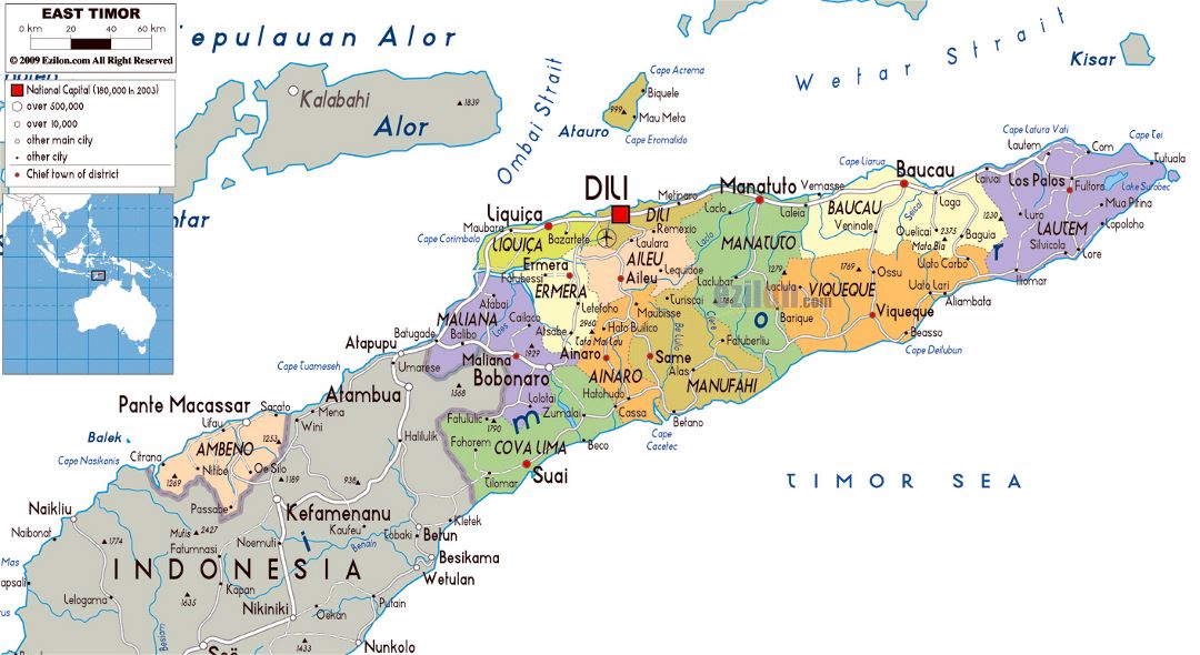 Large political and administrative map of East Timor with roads, cities and airports