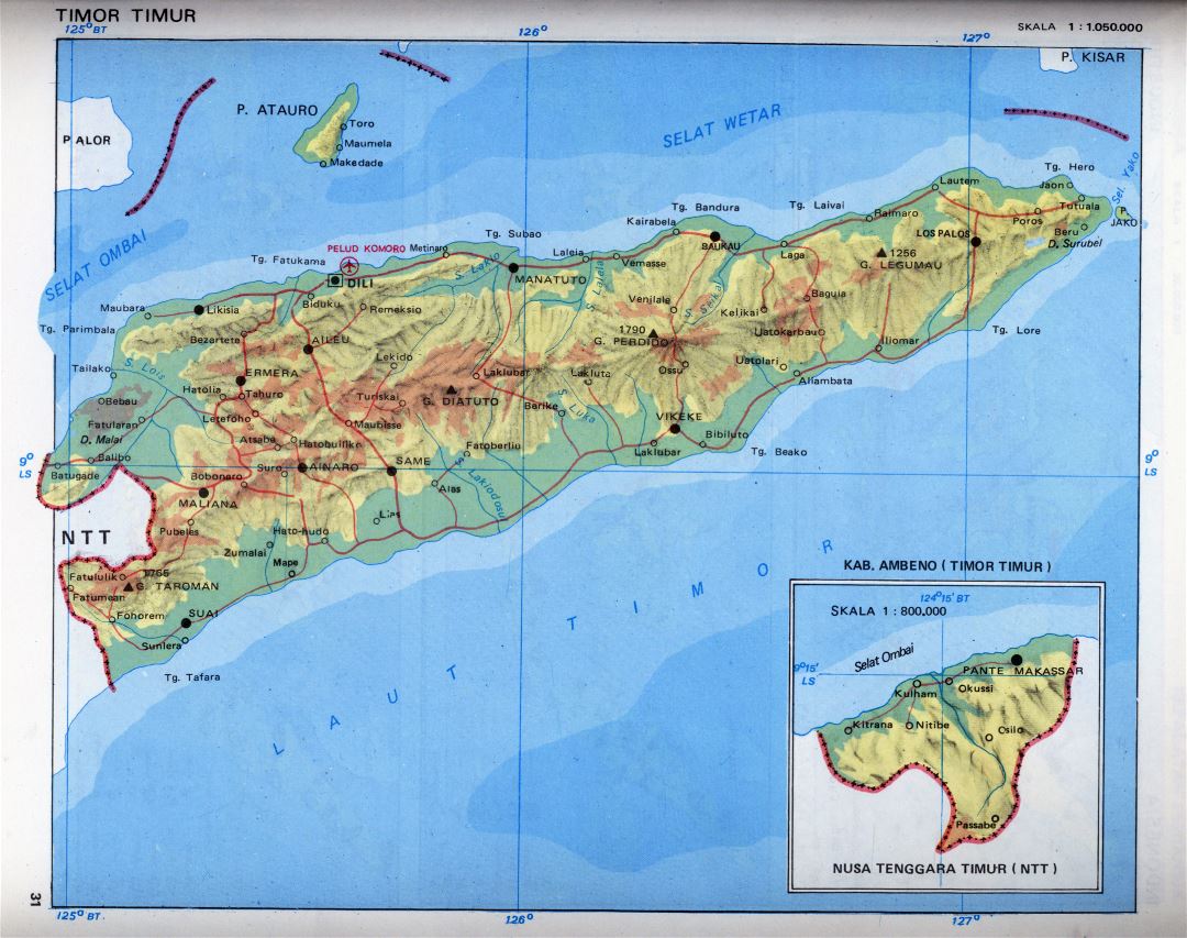 Large scale elevation map of East Timor with roads, cities and airports