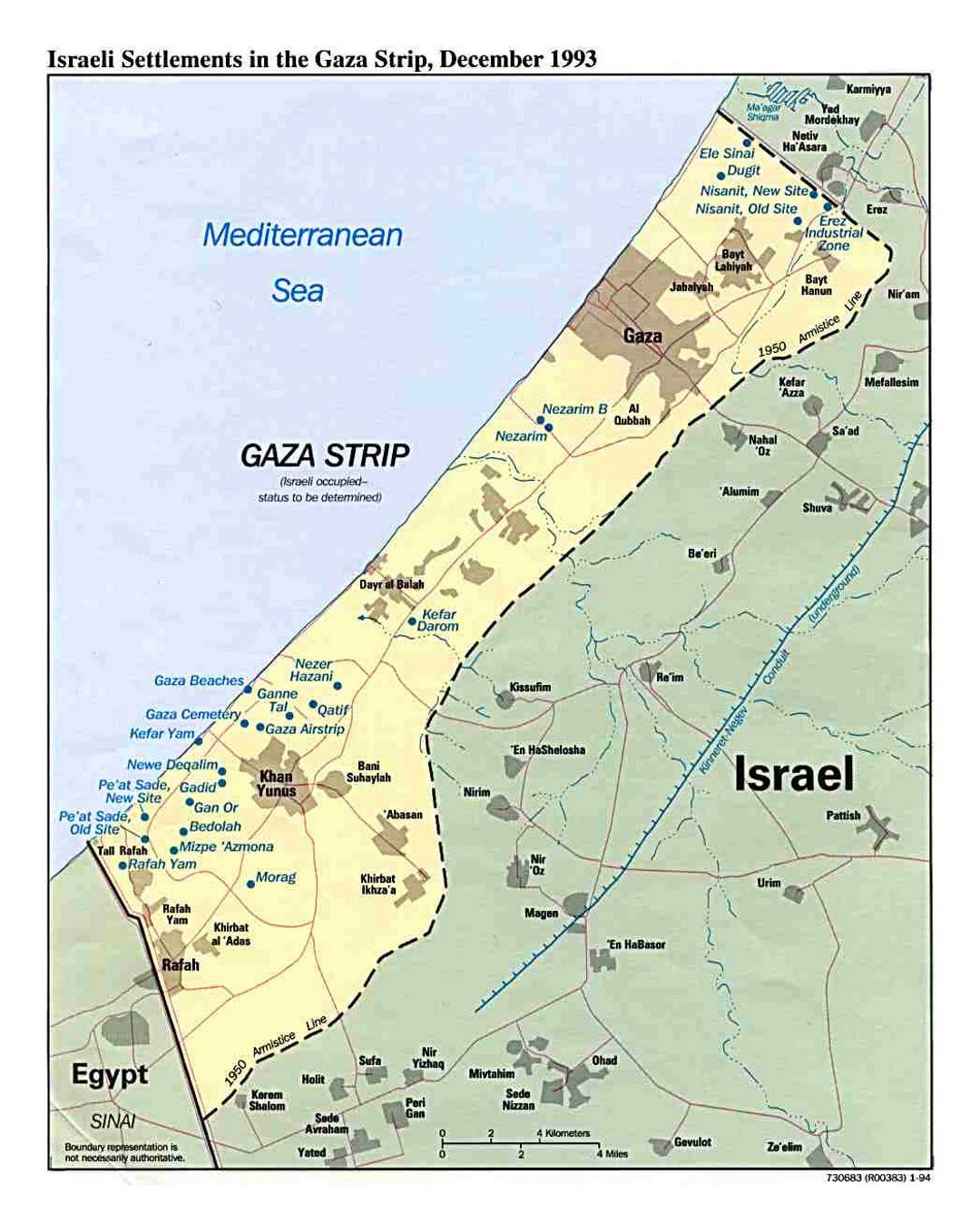 Detailed map of Israeli Settlements in the Gaza Strip - 1993