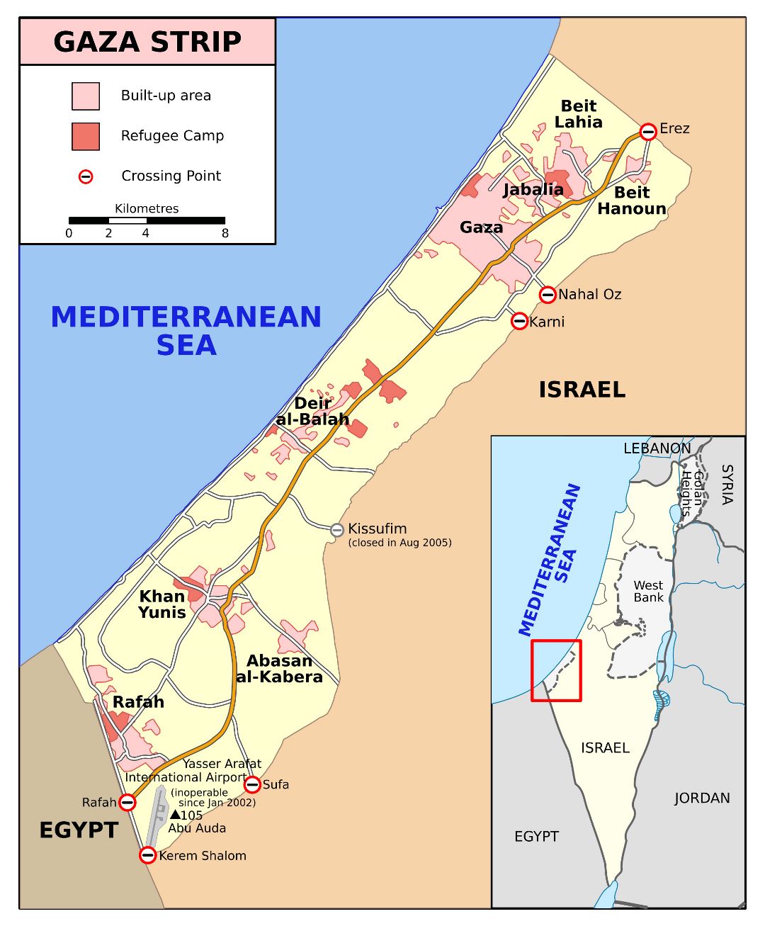 Large detailed map of Gaza Strip with roads and cities