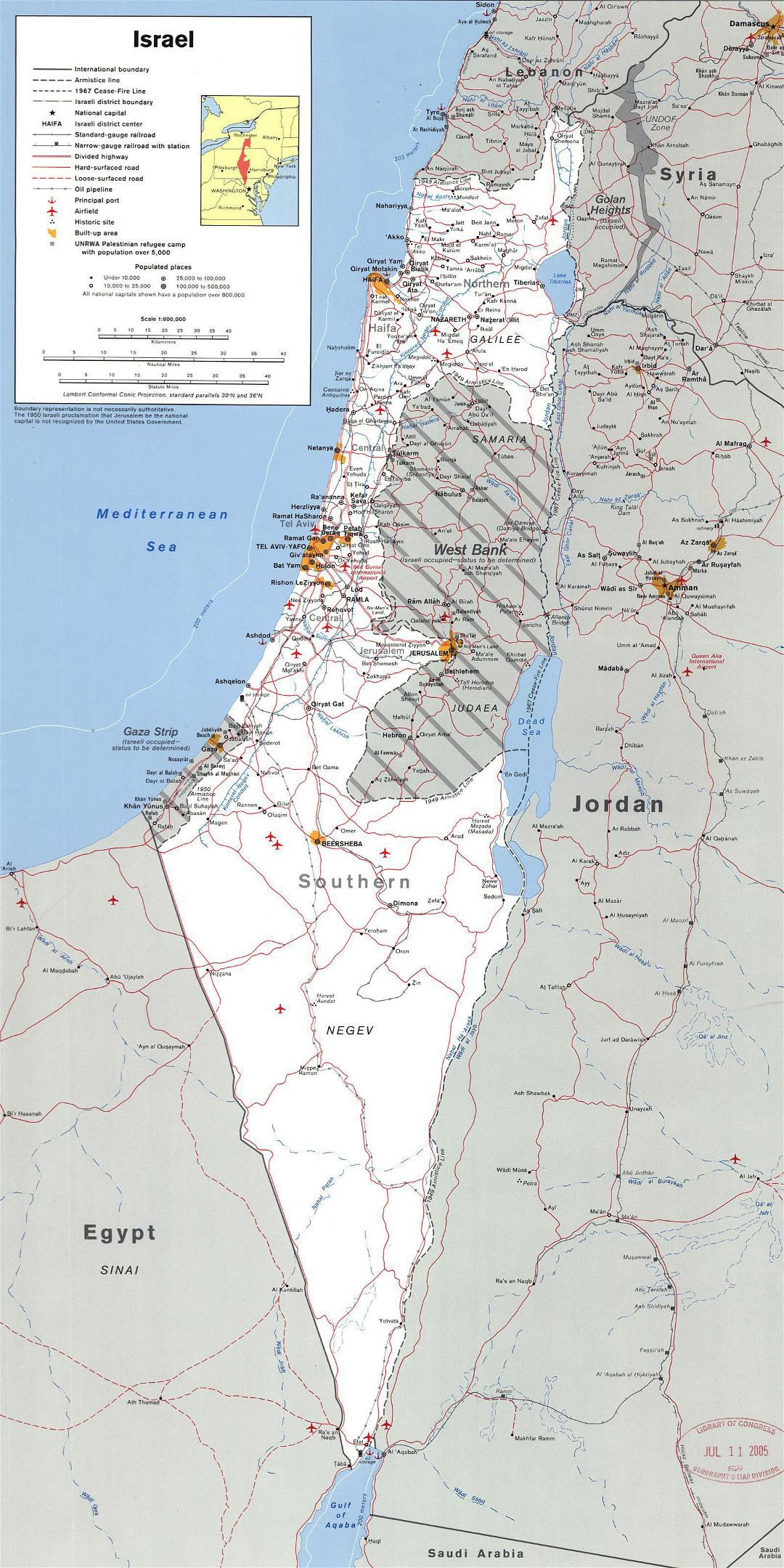 Large detailed political map of Israel with the West Bank, Gaza Strip and Golgan Heights