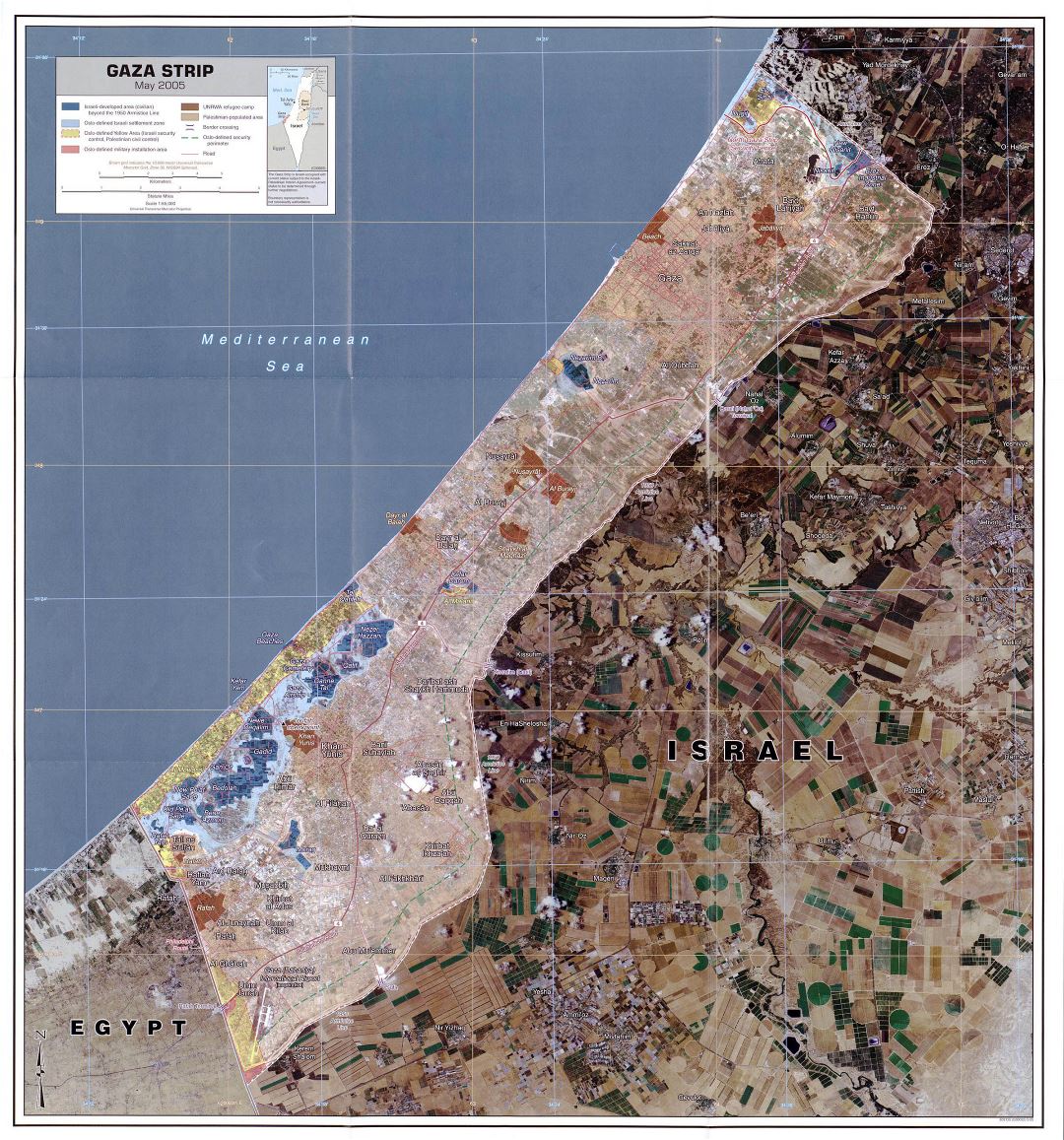 Large detailed satellite map of Gaza Strip with other marks - 2005
