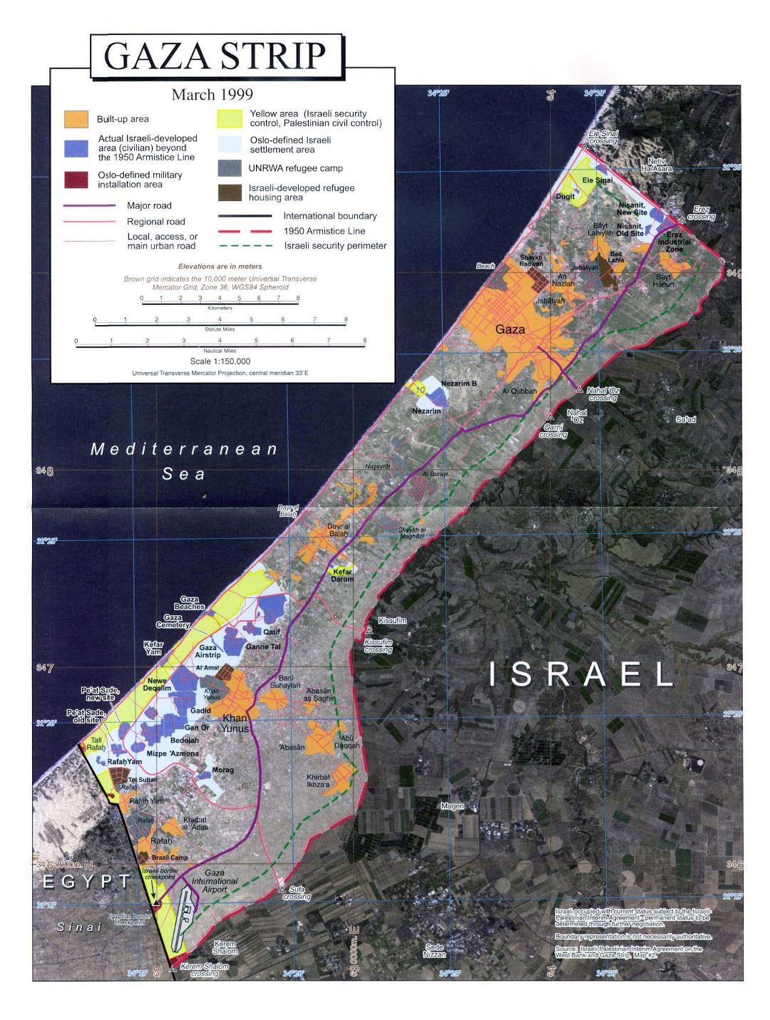 Large detailed satellite map of Gaza Strip with other marks