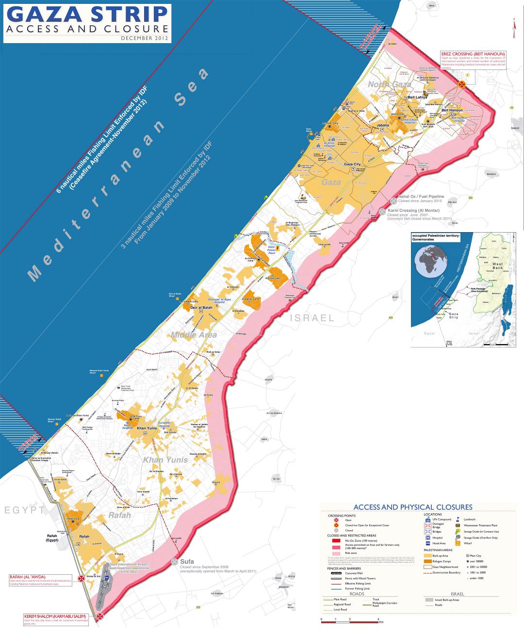 Large scale map of Gaza Strip with roads and cities - 2012