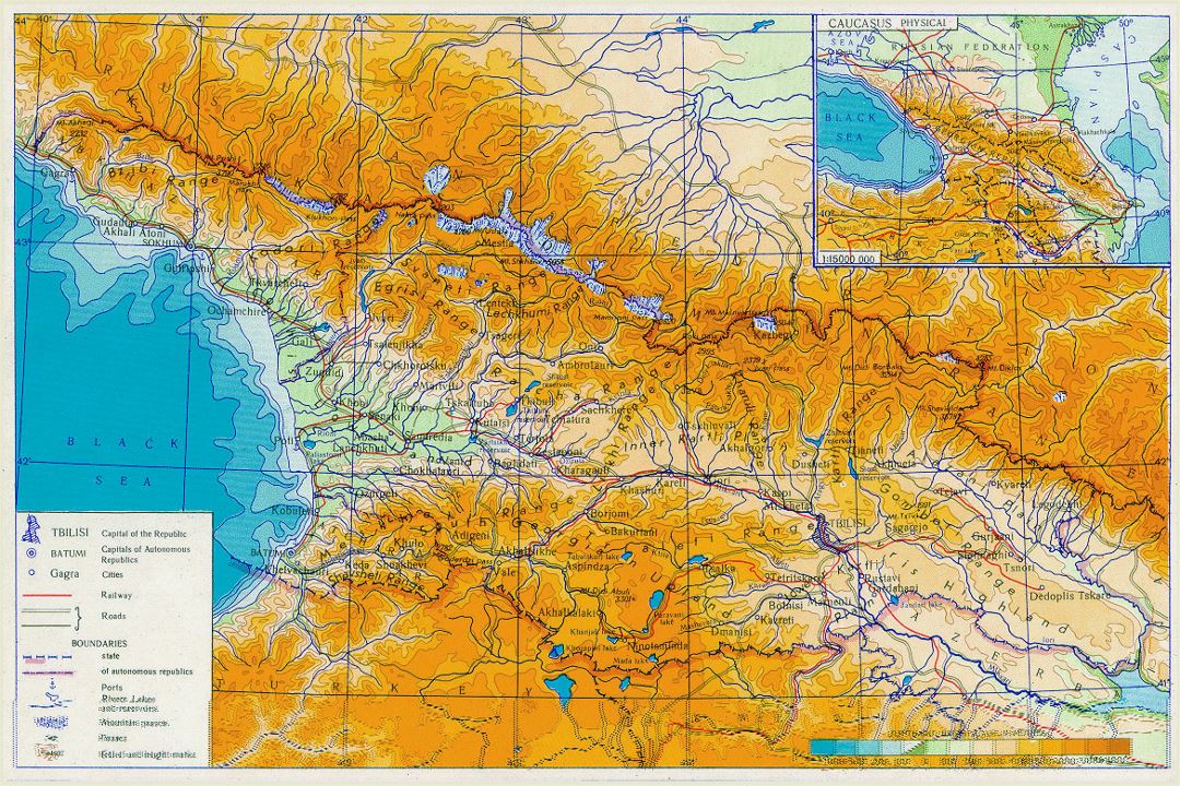 Detailed physical map of Georgia with roads and cities