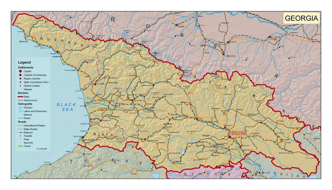 Detailed political map of Georgia with relief, roads, cities and other marks