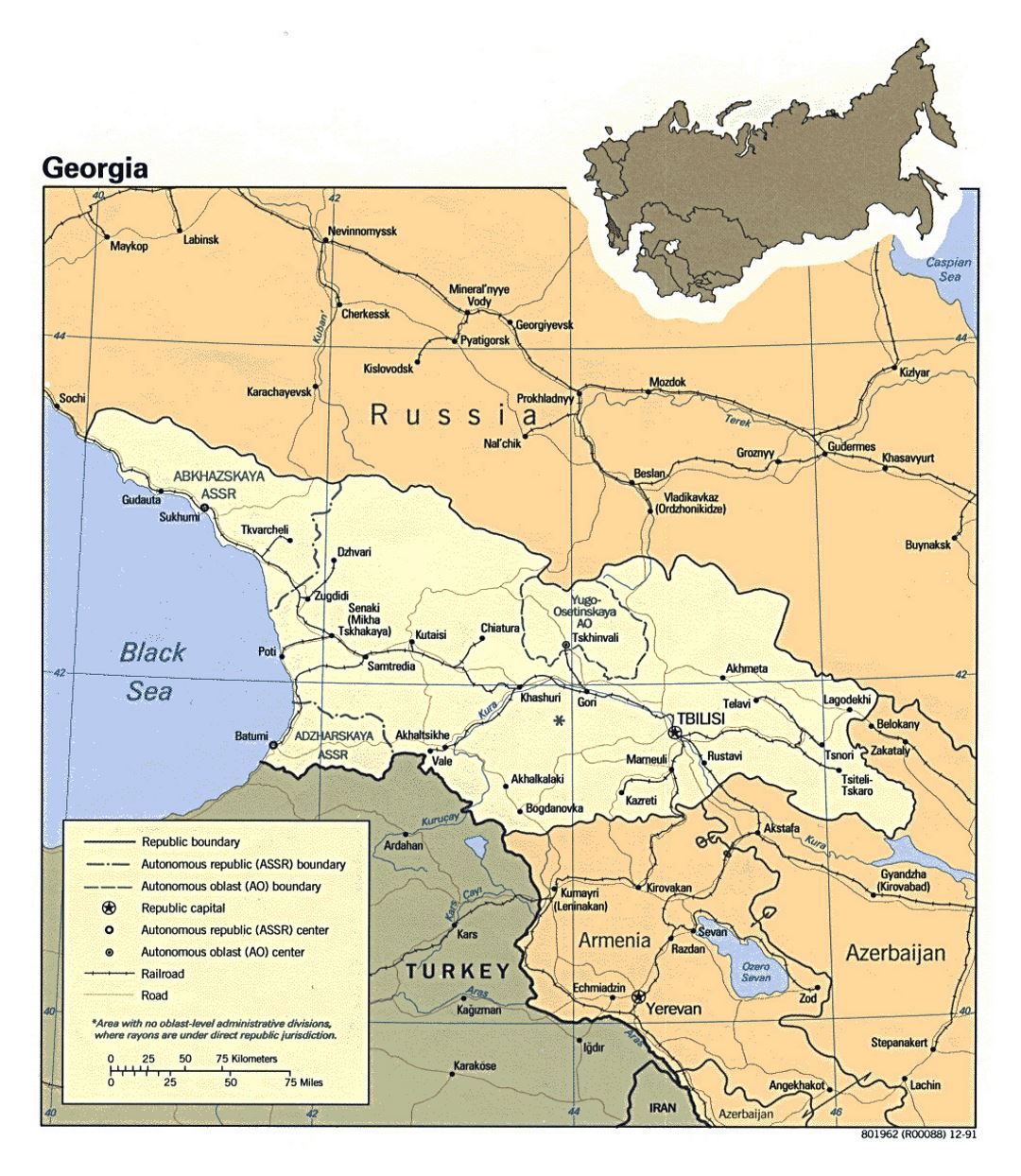 Detailed political map of Georgia with roads, railroads and major cities - 1991