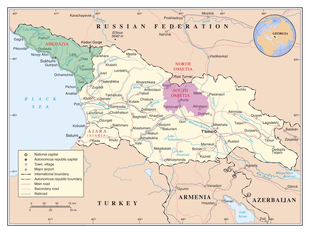 Large detailed political map of Georgia, Abkhazia and South Ossetia with roads, railroads, cities and airports