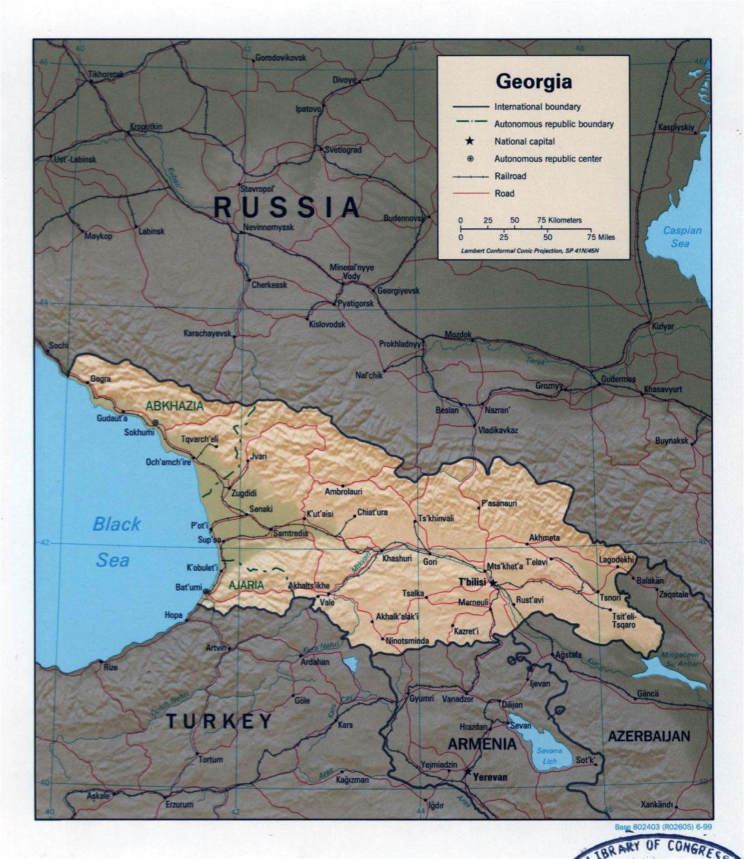 Large detailed political map of Georgia with relief, roads, railroads and major cities - 1999