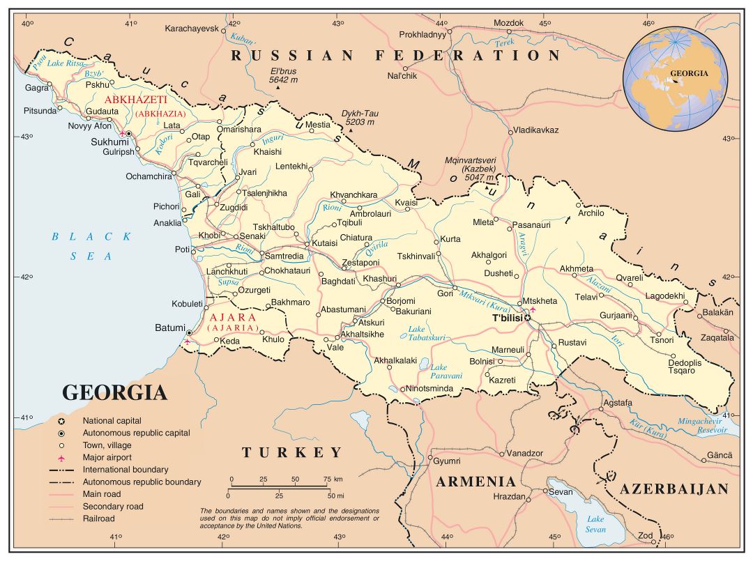 Large detailed political map of Georgia with roads, railroads, cities and airports