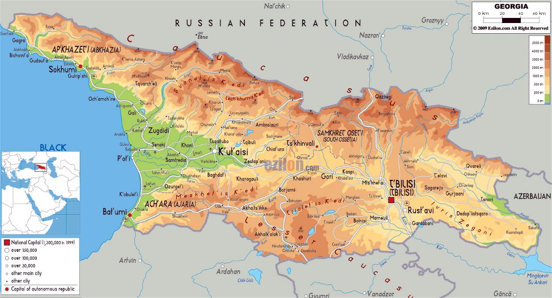 Large physical map of Georgia with roads, cities and arports