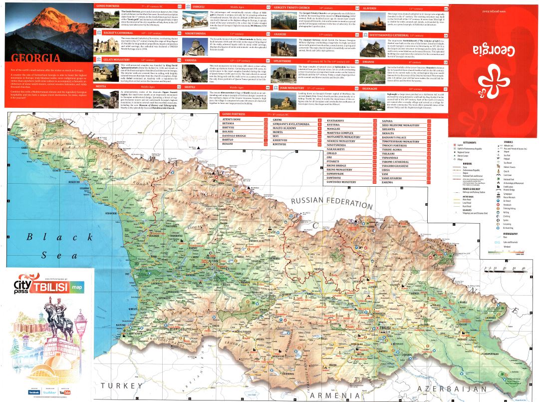 Large scale detailed tourist map of Georgia with relief, all roads, cities and other marks