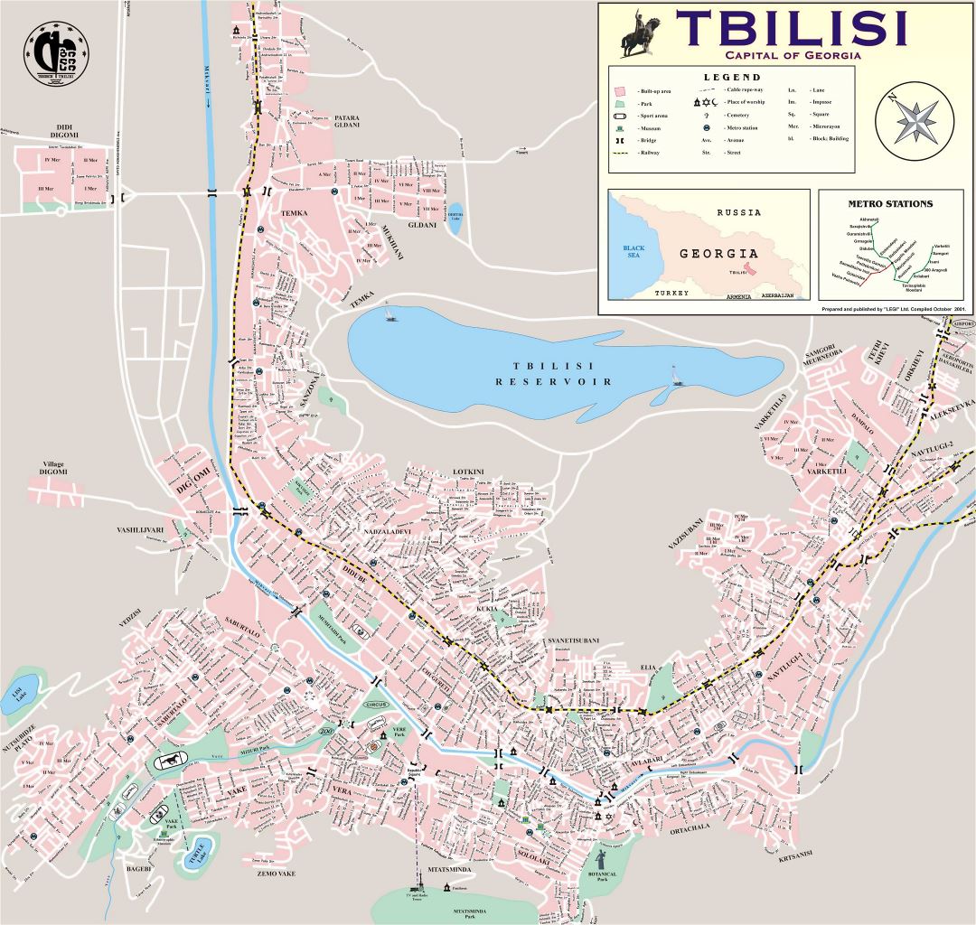 Large detailed map of Tbilisi city with street names