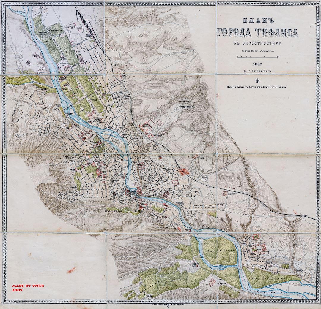Large scale old map of Tbilisi city - 1887