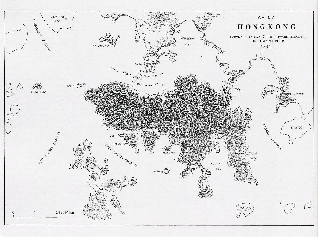Detailed old map of Hong Kong Island with relief - 1841