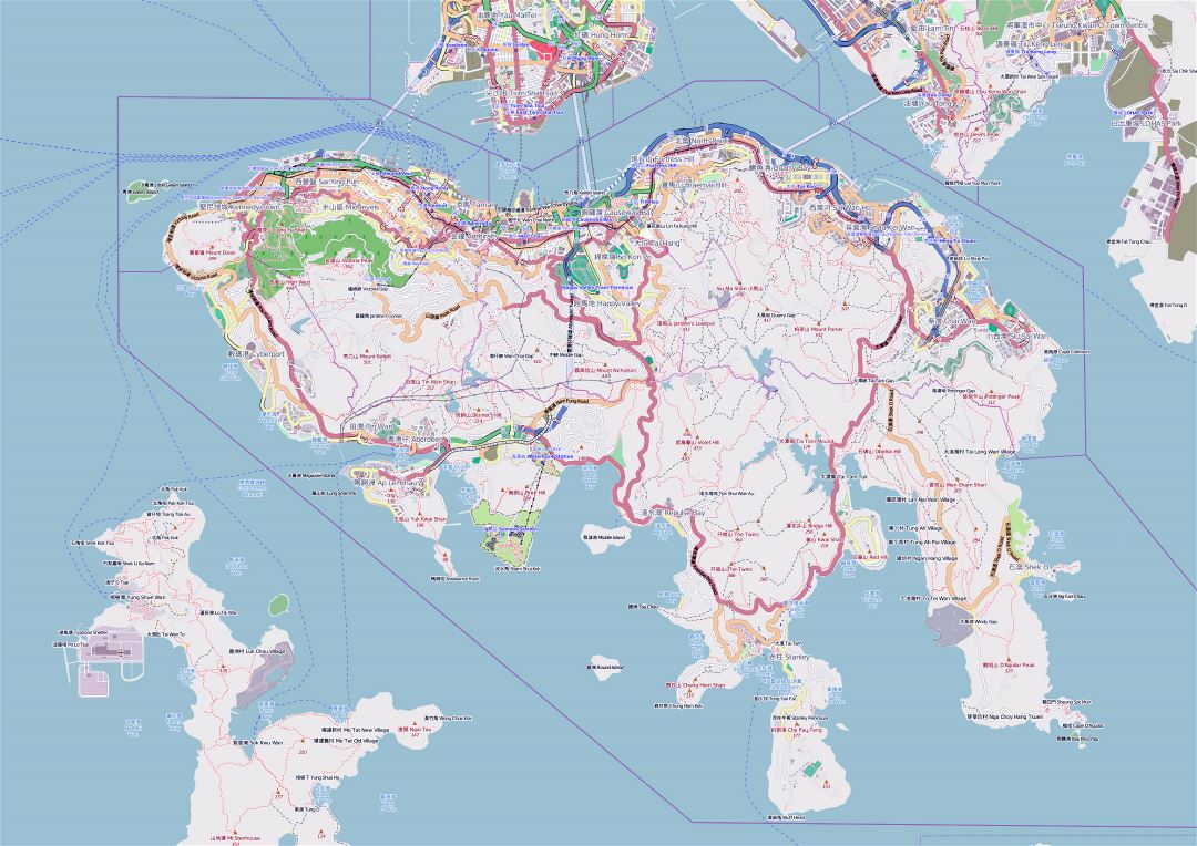 Large detailed road map of Hong Kong Island