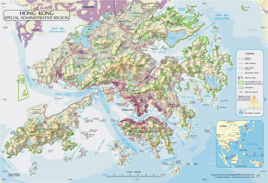 Large physical map of Hong Kong with roads, railroads, relief and parks