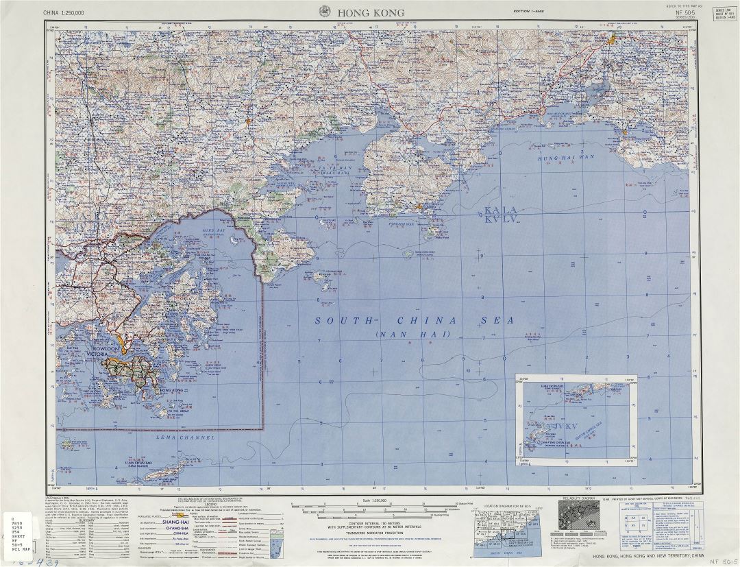 Large scale detailed topographical map of Hong Kong Island and the surrounding area