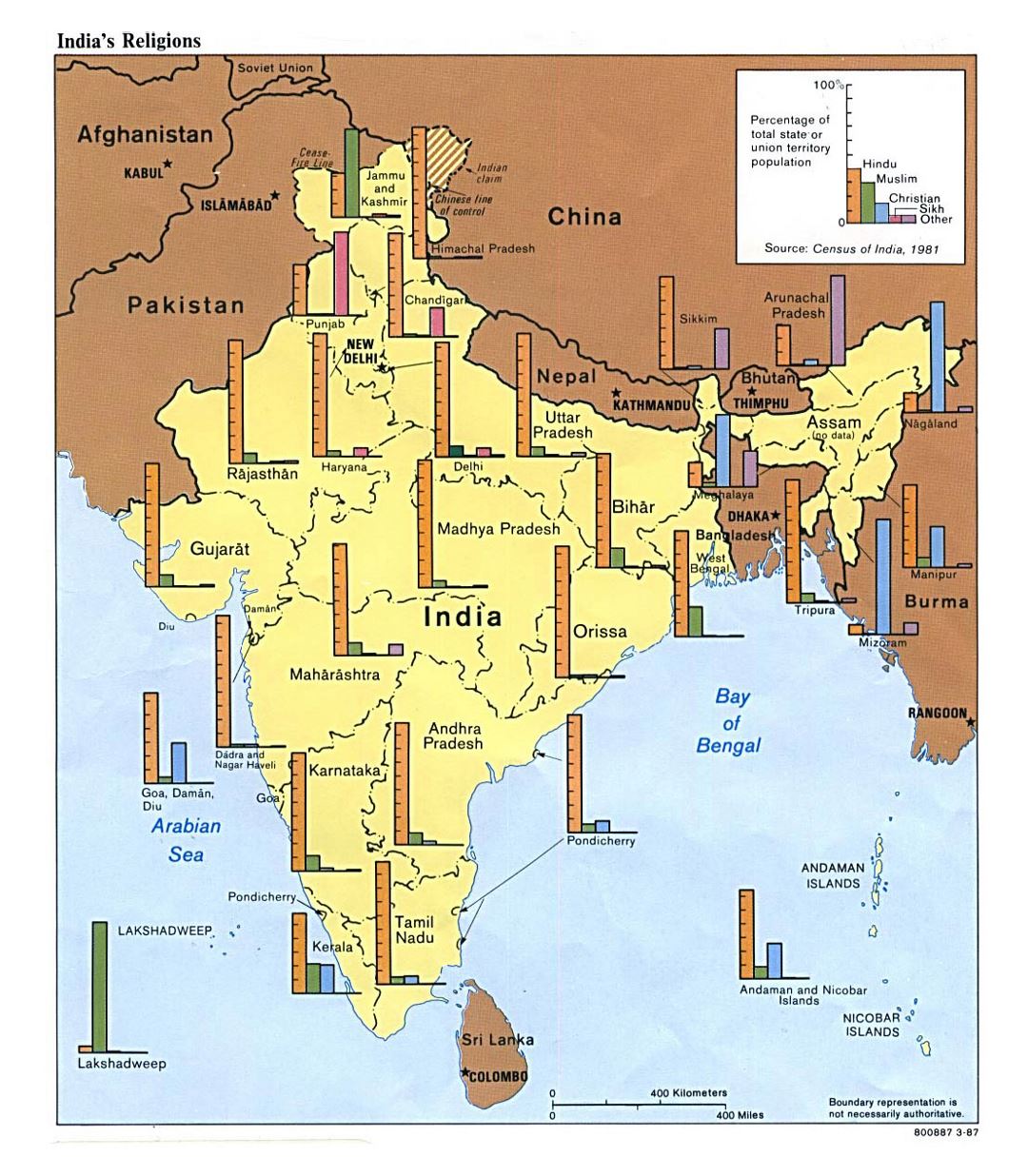 Detailed India religions map - 1987
