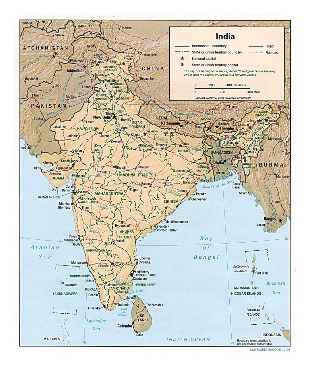 Detailed political and administrative map of India with relief, roads, railroads and cities - 1996