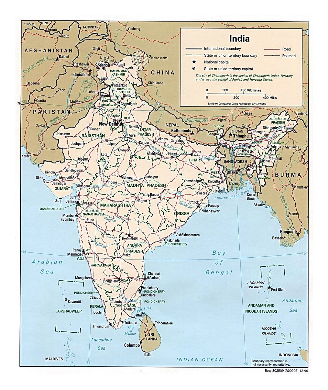 Detailed political and administrative map of India with roads, railroads and cities - 1996