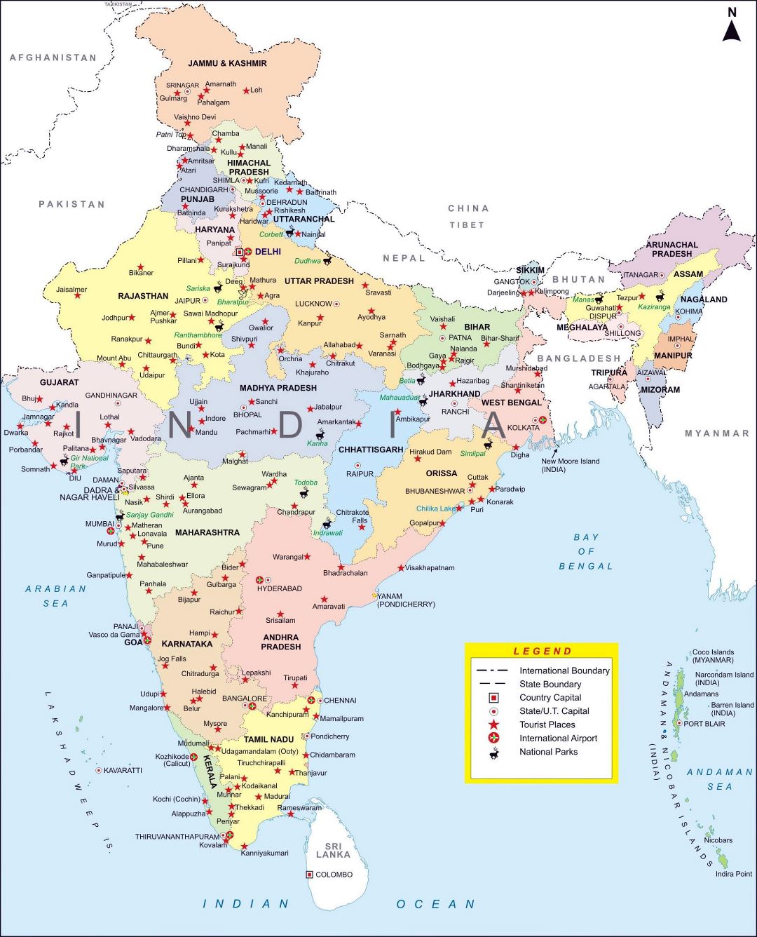 Large detailed administrative map of India with major cities