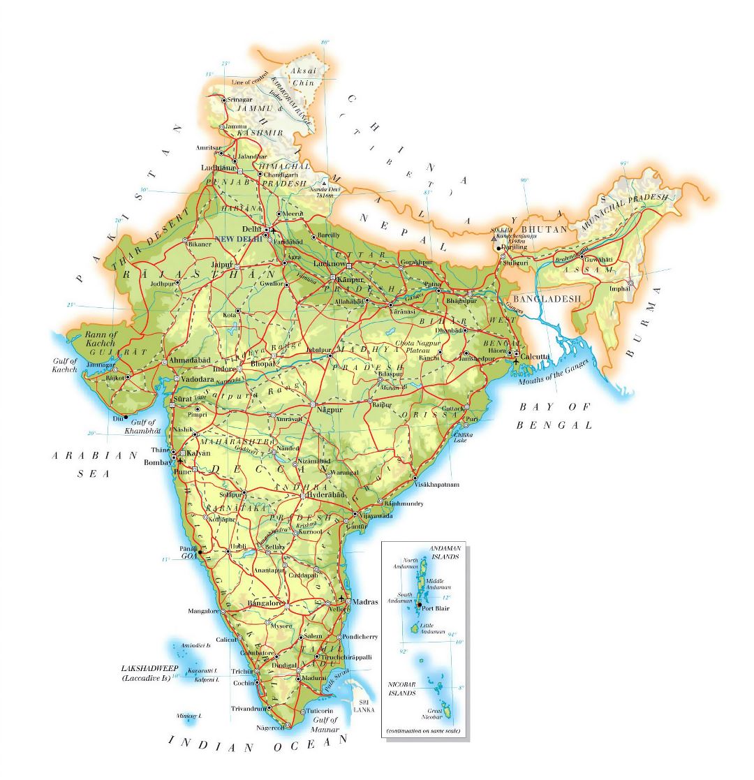 Large elevation map of India with roads, cities and airports