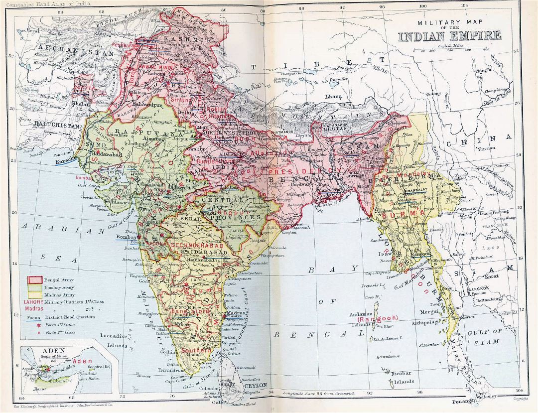 Large old political and administrative map of India - 1893