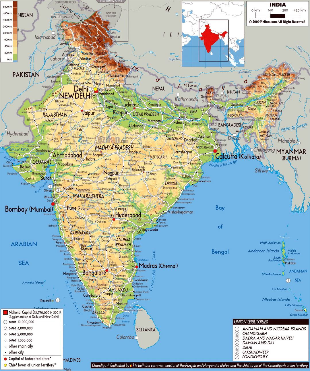 Large physical map of India with roads, cities and airports