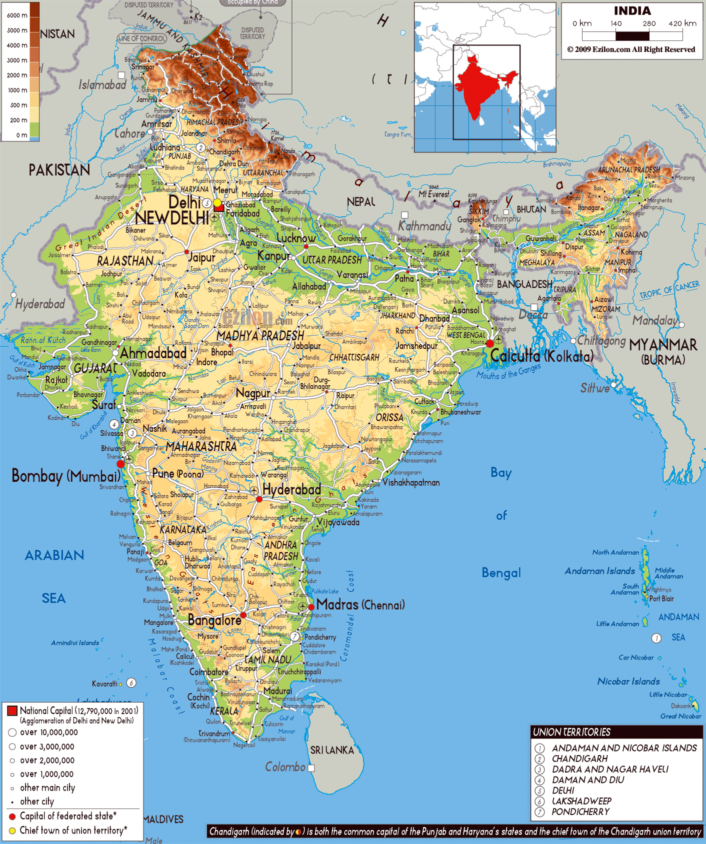 Large Physical Map Of India With Roads Cities And Airports India 