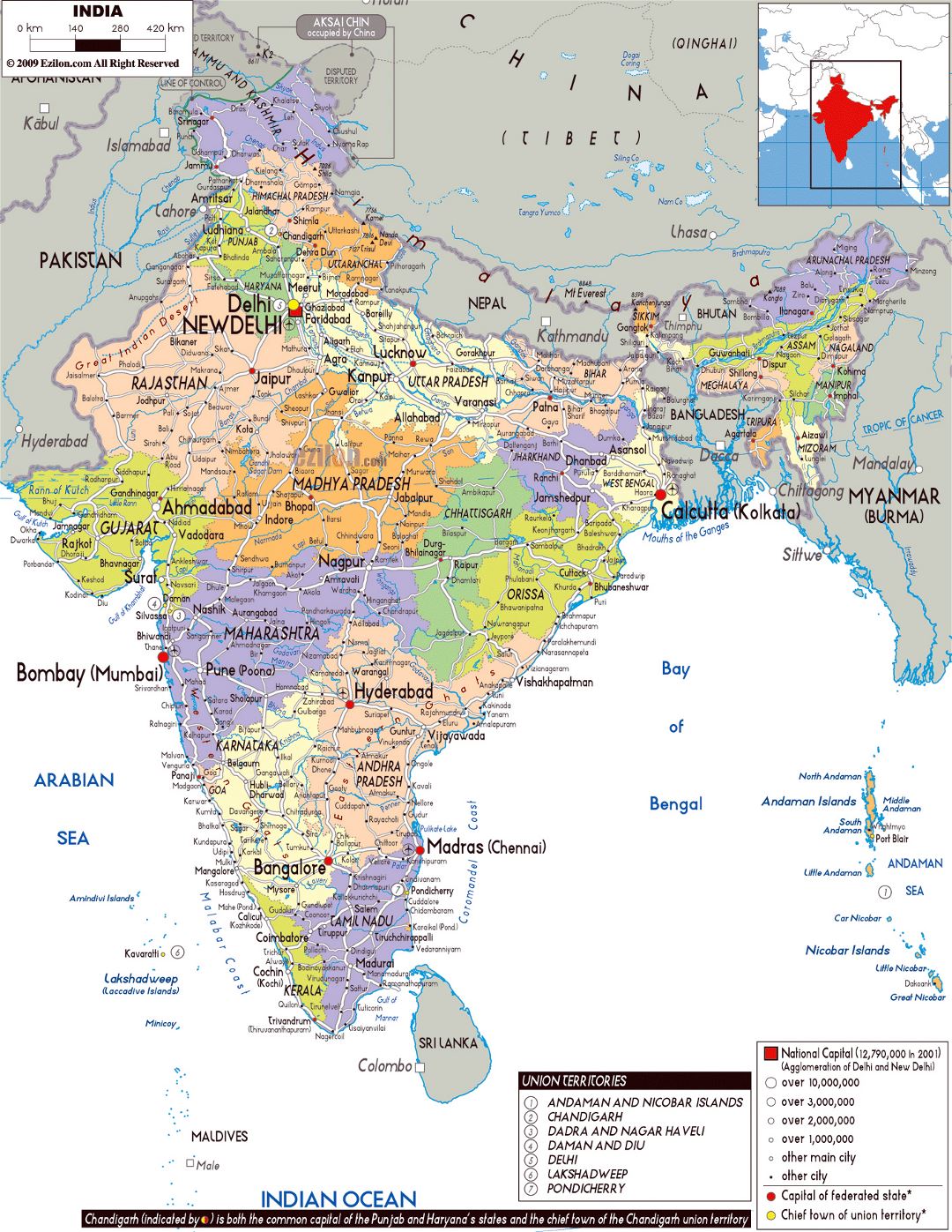 Large political and administrative map of India with roads, cities and airports